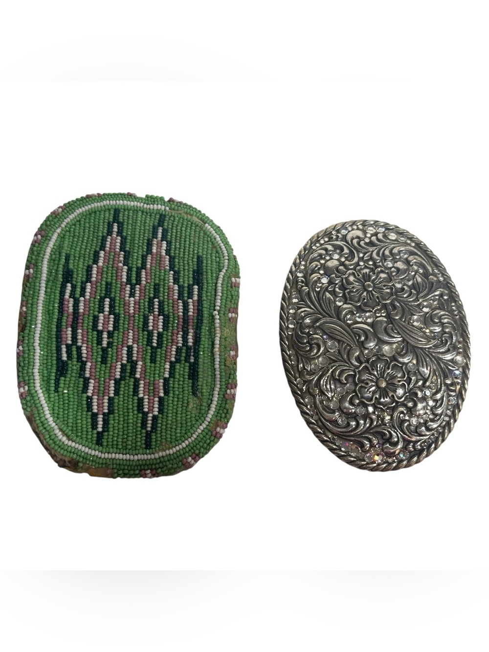 Two Western Style Belt Buckles Hand Beaded Native American Silver Tone Metal
